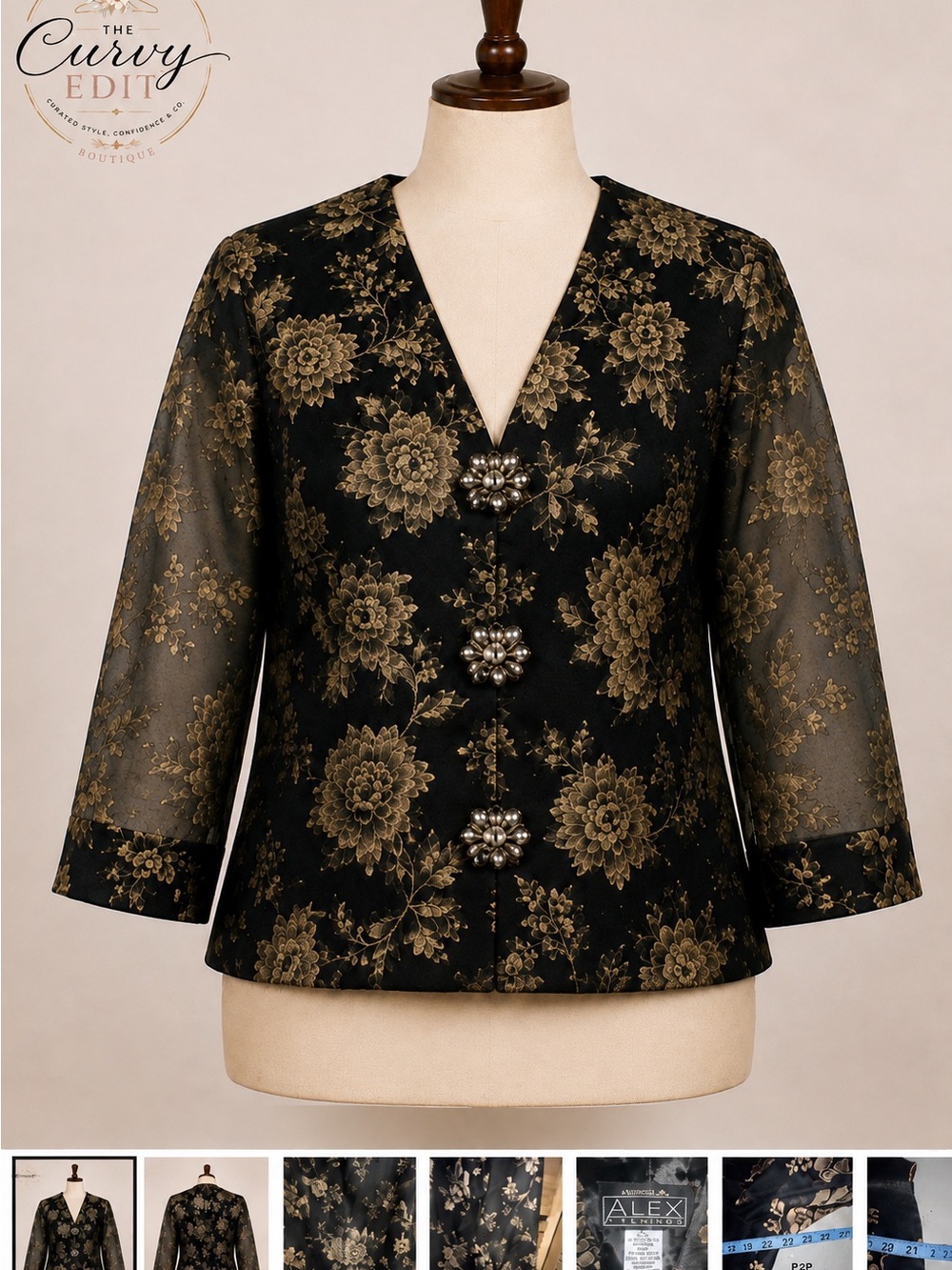 Vintage Alex Evenings 2X Black Gold Floral Brocade Sheer Sleeve Jacket Holiday